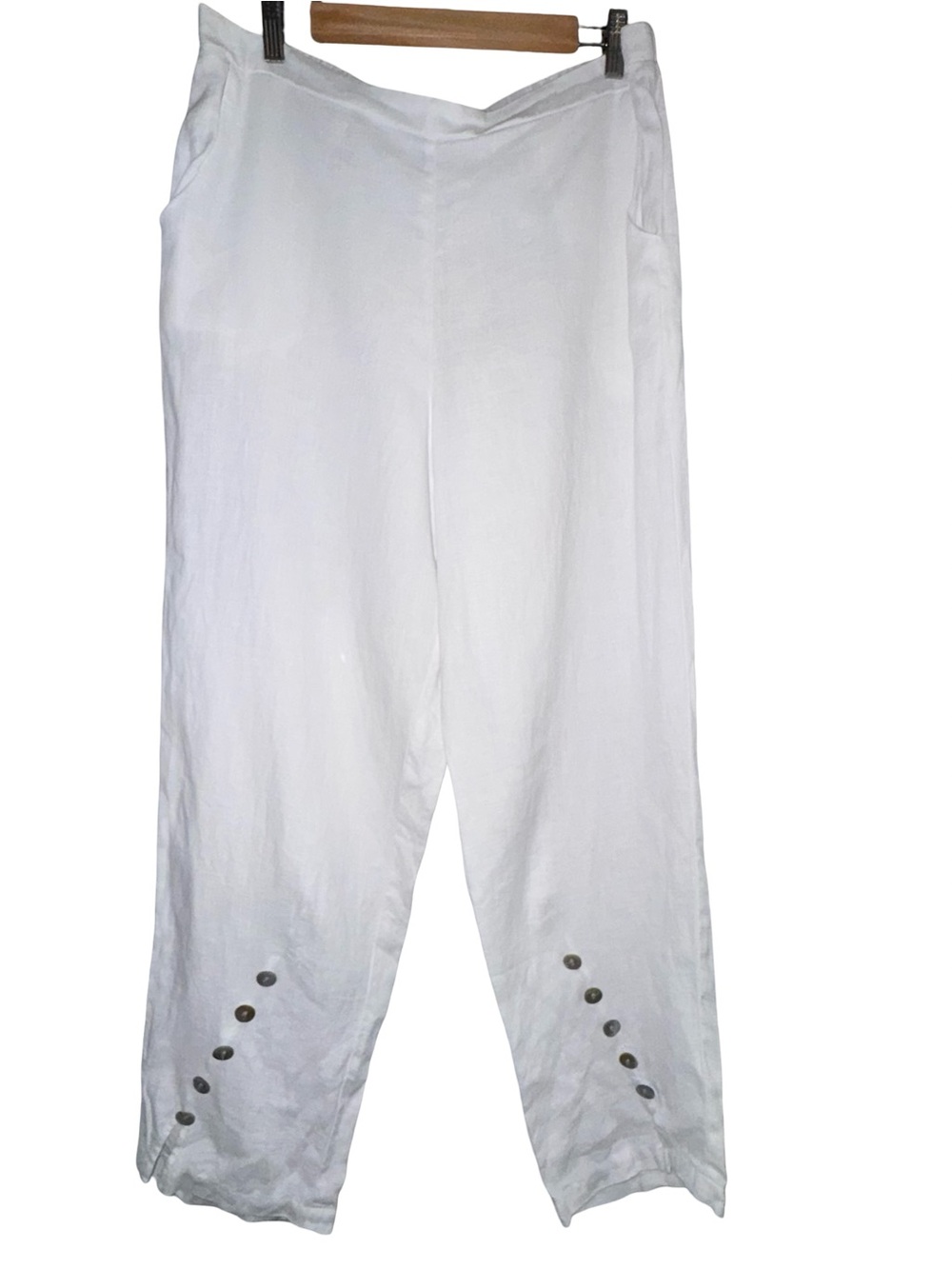 Peck & Peck Linen Pants White Elastic Waist Button hem Coastal Grandma Resort - Picture 2 of 7